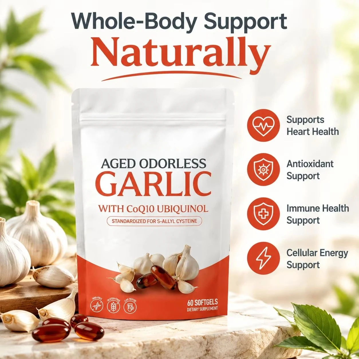 Coq10 Ubiquinol Softgel - 無臭の熟成ニンニク配合ソフトジェル 600mg CoQ10（ユビキノール）ビタミンK2 60粒入り。標準化されたS-アリル配合で、心臓の健康、免疫力、抗酸化作用をサポート。