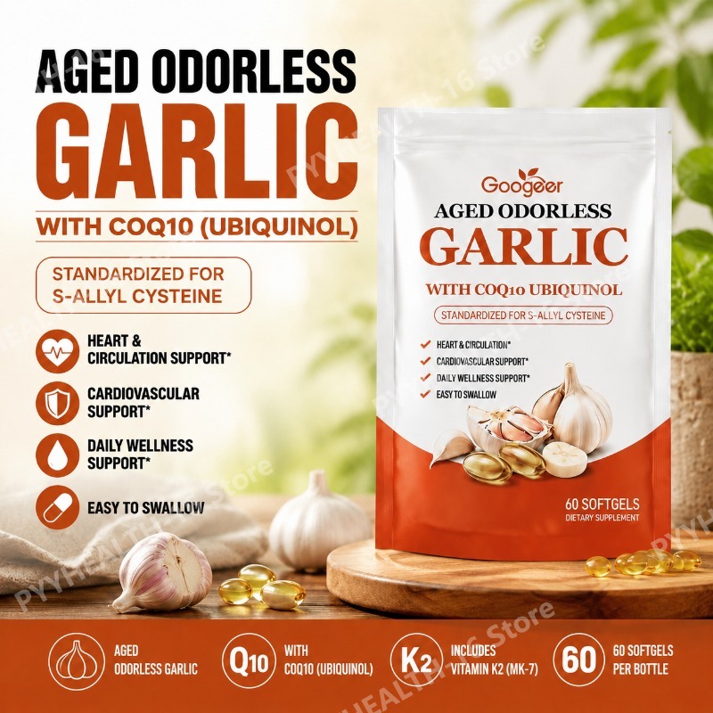 Coq10 Ubiquinol Softgel - 無臭熟成ニンニクソフトジェル（CoQ10ユビキノール＆K2配合）、血圧、心臓・循環サポート、コレステロール対策、60ソフトジェル